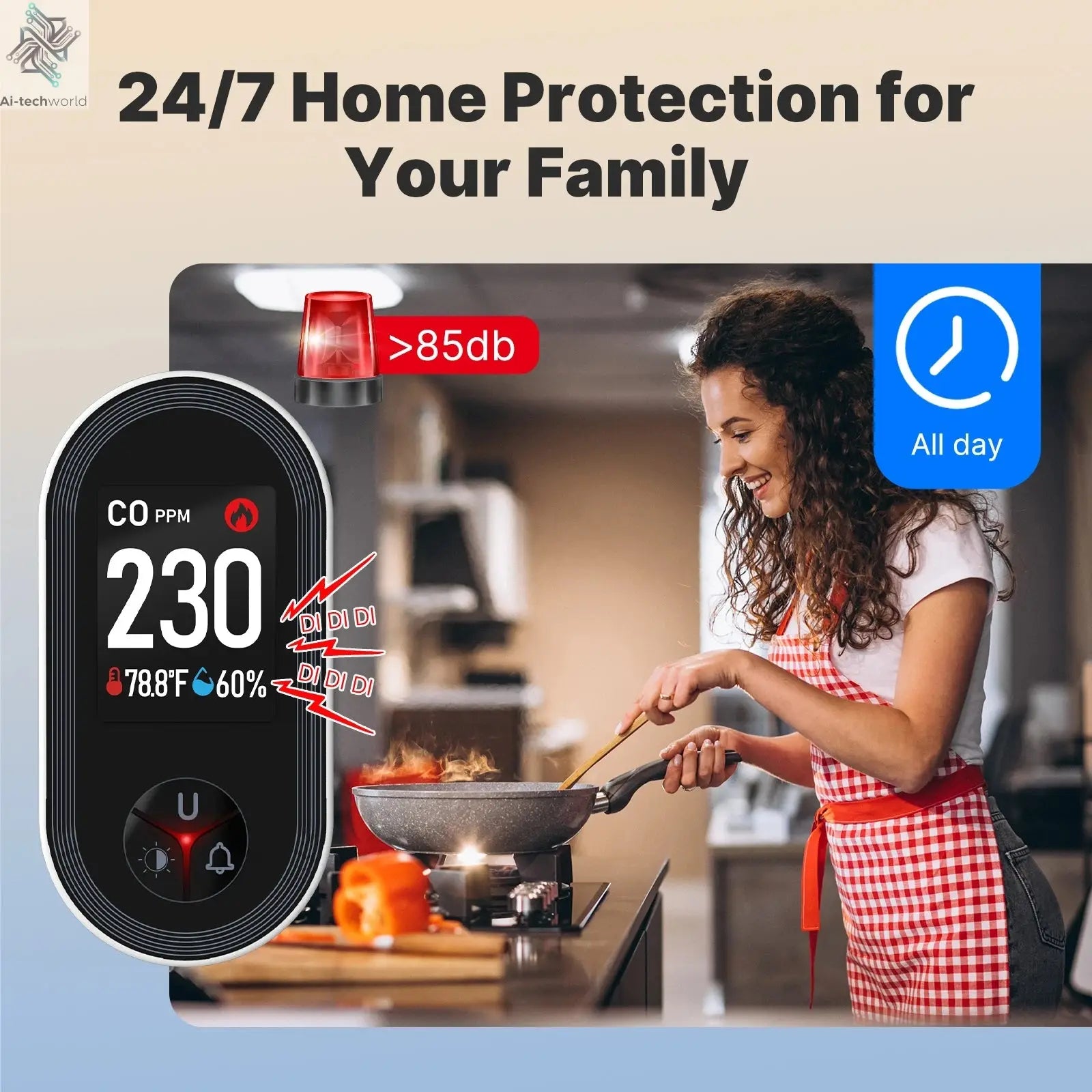 MOES Carbon Monoxide Detector Plug-in 3-in-1 Display with Temperature Humidity Sensor Built-in CO Monitor Alarm Sound Warning Ai-TechWorld 