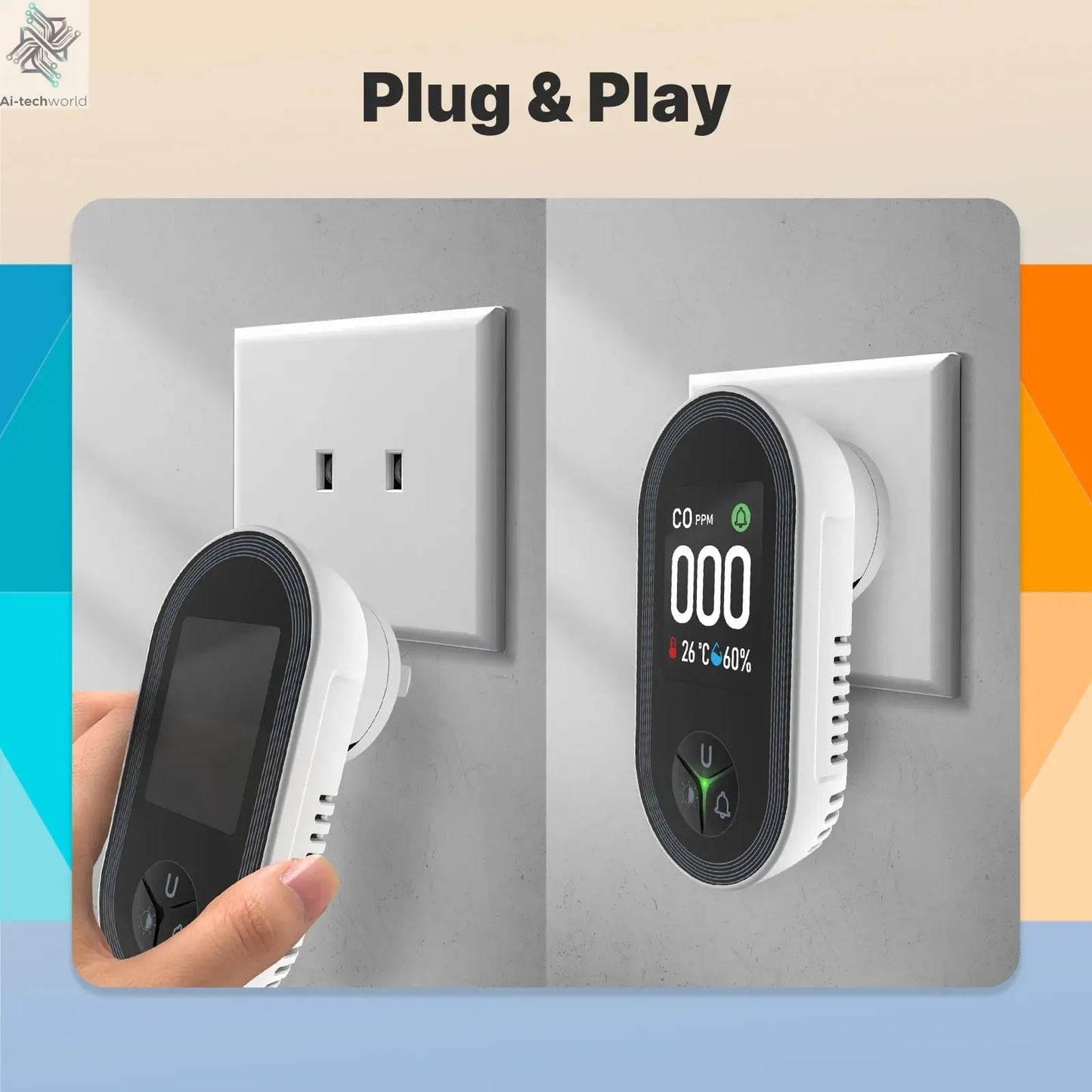 MOES Carbon Monoxide Detector Plug-in 3-in-1 Display with Temperature Humidity Sensor Built-in CO Monitor Alarm Sound Warning Ai-TechWorld 
