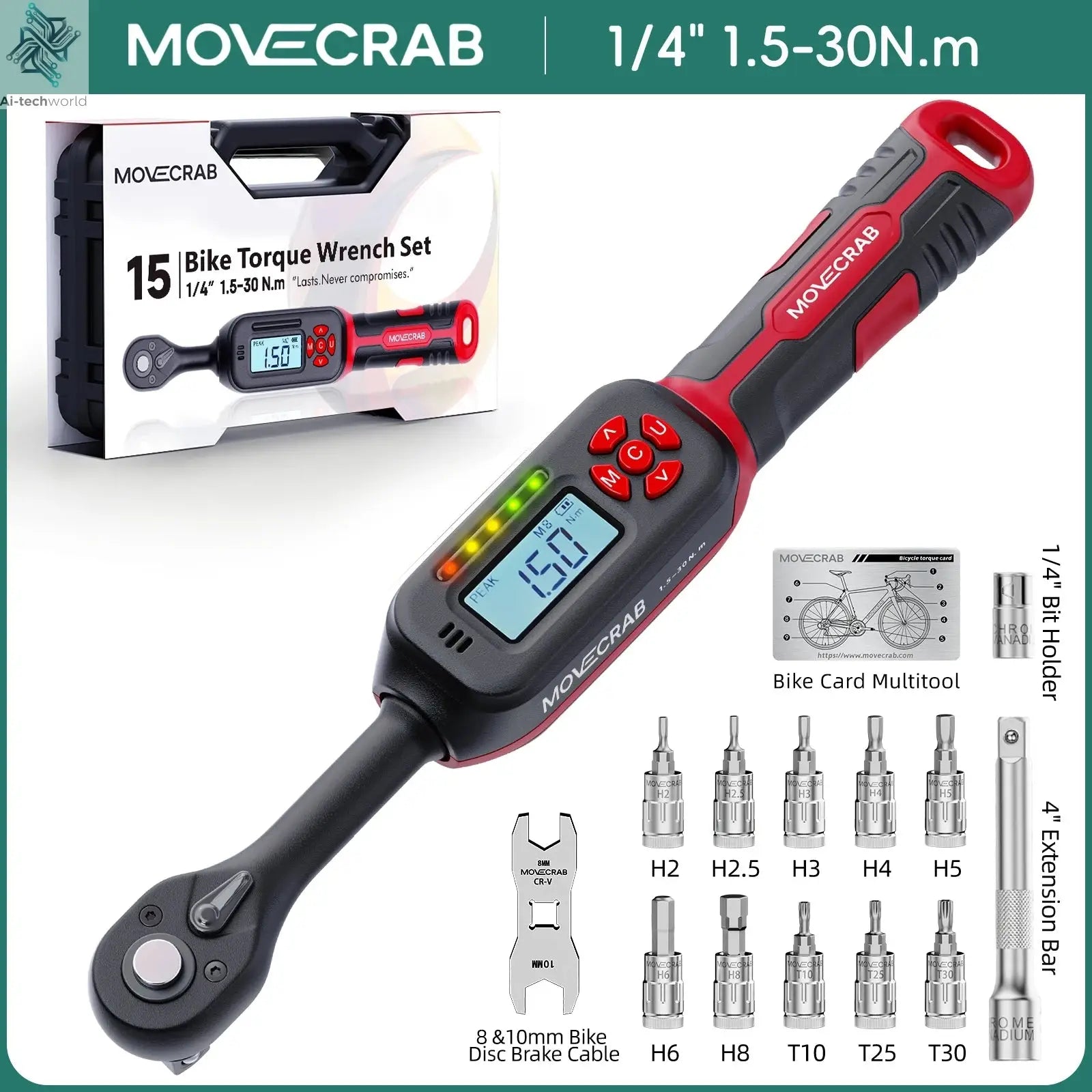 MOVECRAB Digital Torque Wrench 1.5-340N.m with Preset Values 2% Accuracy Buzzer and LED Flash Notification Ai-TechWorld 