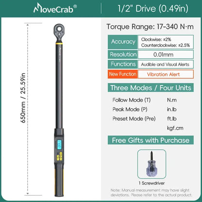 MOVECRAB Digital Torque Wrench 1.5-340N.m with Preset Values 2% Accuracy Buzzer and LED Flash Notification Ai-TechWorld 