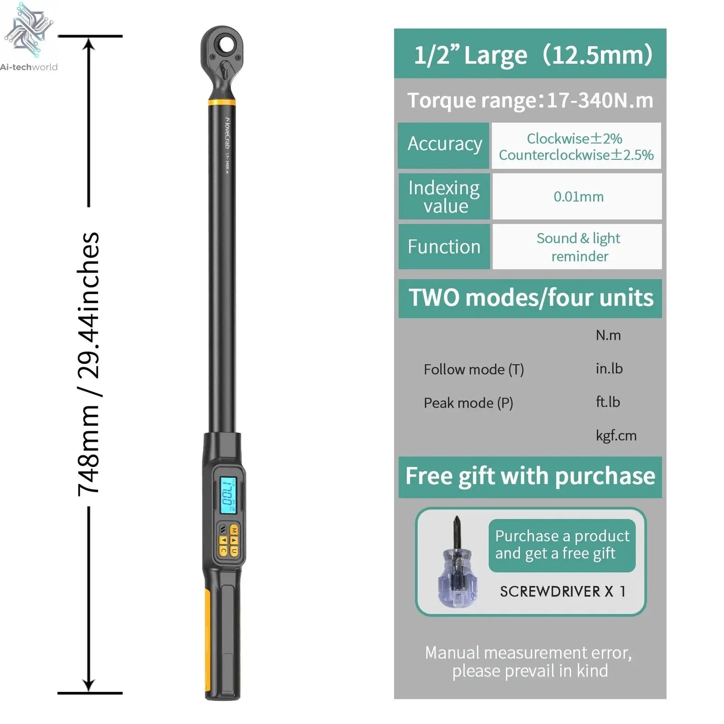 MOVECRAB Digital Torque Wrench 1.5-340N.m with Preset Values 2% Accuracy Buzzer and LED Flash Notification Ai-TechWorld 