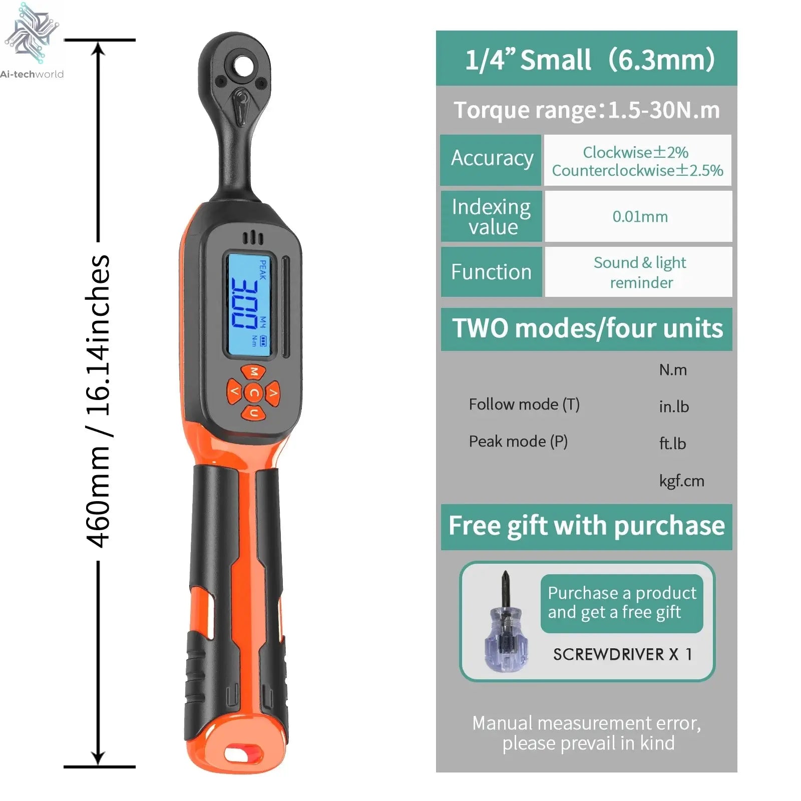 MOVECRAB Digital Torque Wrench 1.5-340N.m with Preset Values 2% Accuracy Buzzer and LED Flash Notification Ai-TechWorld 