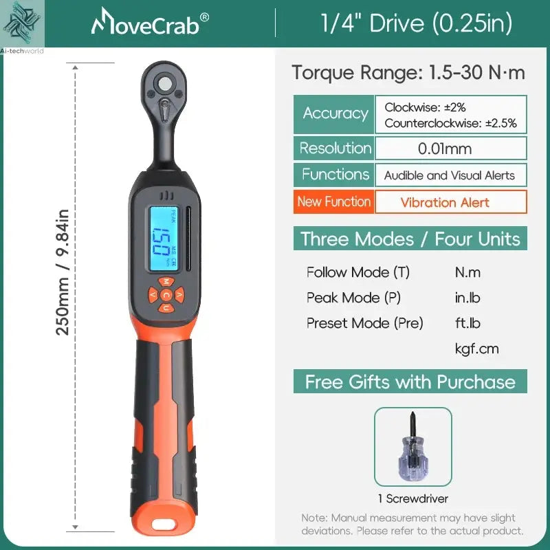 MOVECRAB Digital Torque Wrench 1.5-340N.m with Preset Values 2% Accuracy Buzzer and LED Flash Notification Ai-TechWorld 