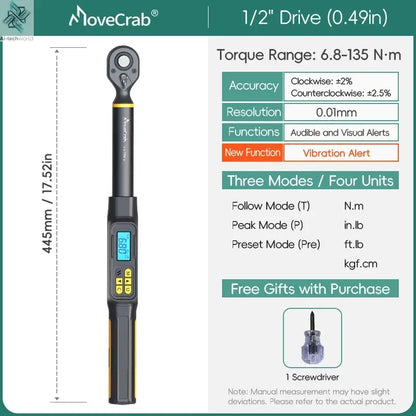 MOVECRAB Digital Torque Wrench 1.5-340N.m with Preset Values 2% Accuracy Buzzer and LED Flash Notification Ai-TechWorld 