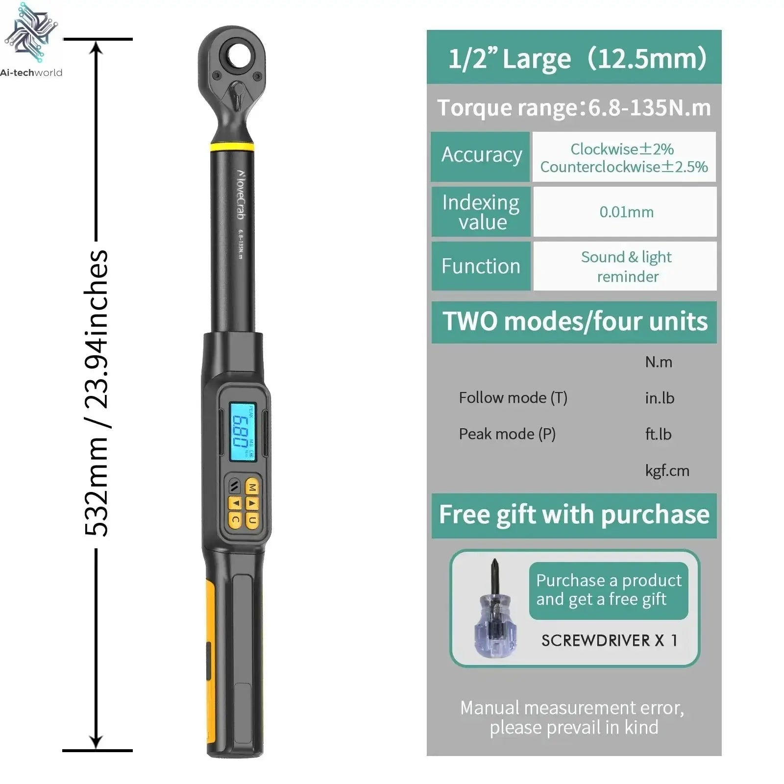 MOVECRAB Digital Torque Wrench 1.5-340N.m with Preset Values 2% Accuracy Buzzer and LED Flash Notification Ai-TechWorld 