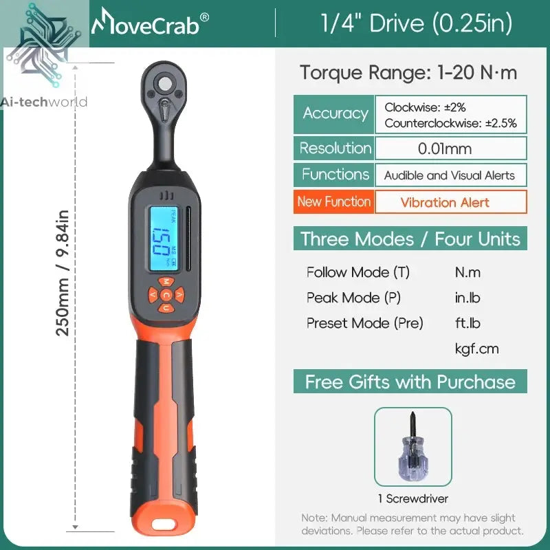 MOVECRAB Digital Torque Wrench 1.5-340N.m with Preset Values 2% Accuracy Buzzer and LED Flash Notification Ai-TechWorld 