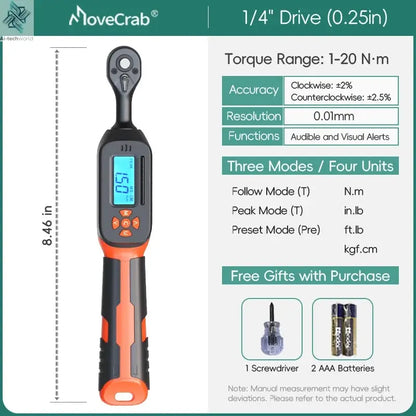 MOVECRAB Digital Torque Wrench 1.5-340N.m with Preset Values 2% Accuracy Buzzer and LED Flash Notification Ai-TechWorld 