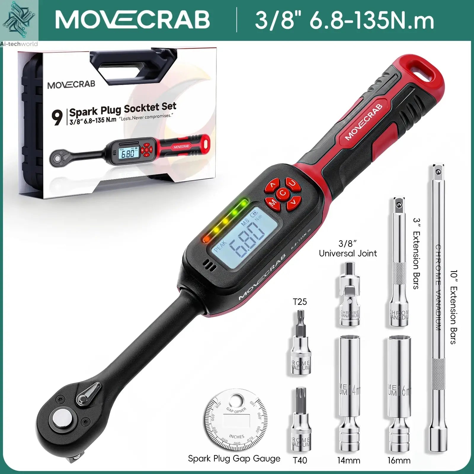 MOVECRAB Digital Torque Wrench 1.5-340N.m with Preset Values 2% Accuracy Buzzer and LED Flash Notification Ai-TechWorld 