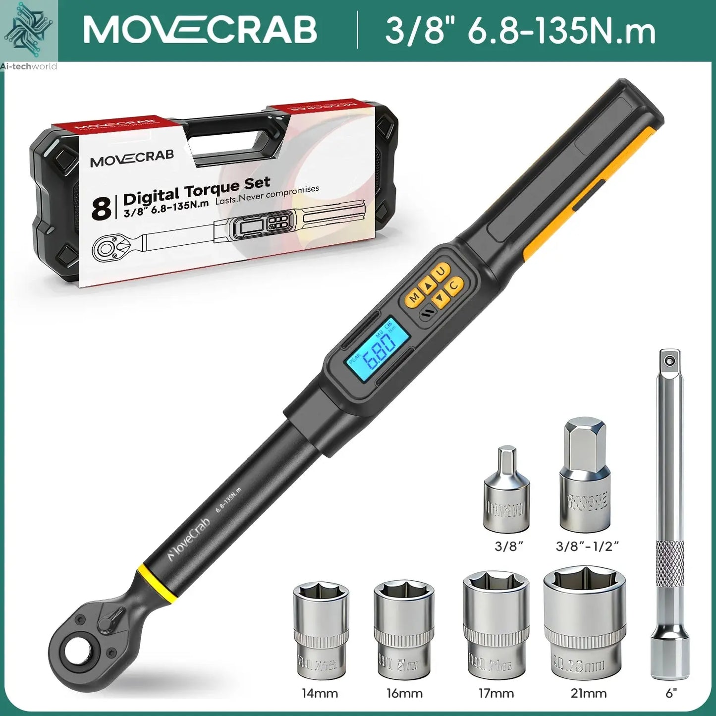 MOVECRAB Digital Torque Wrench 1.5-340N.m with Preset Values 2% Accuracy Buzzer and LED Flash Notification Ai-TechWorld 