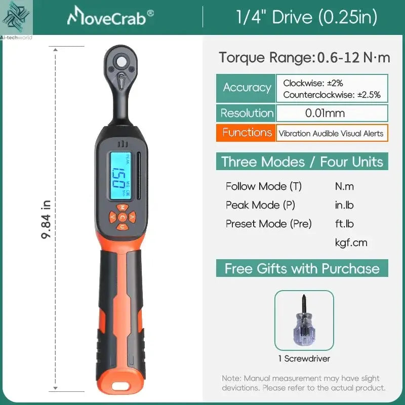 MOVECRAB Digital Torque Wrench 1.5-340N.m with Preset Values 2% Accuracy Buzzer and LED Flash Notification Ai-TechWorld 