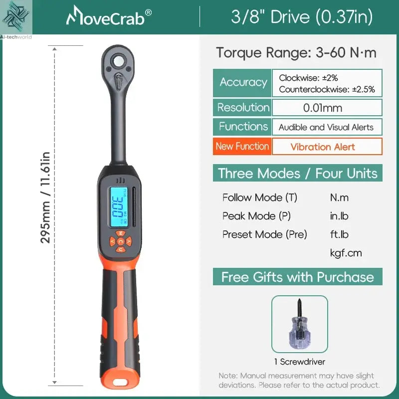 MOVECRAB Digital Torque Wrench 1.5-340N.m with Preset Values 2% Accuracy Buzzer and LED Flash Notification Ai-TechWorld 