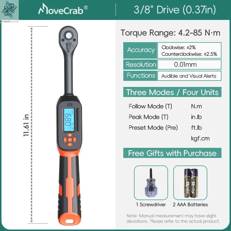 MOVECRAB Digital Torque Wrench 1.5-340N.m with Preset Values 2% Accuracy Buzzer and LED Flash Notification Ai-TechWorld 