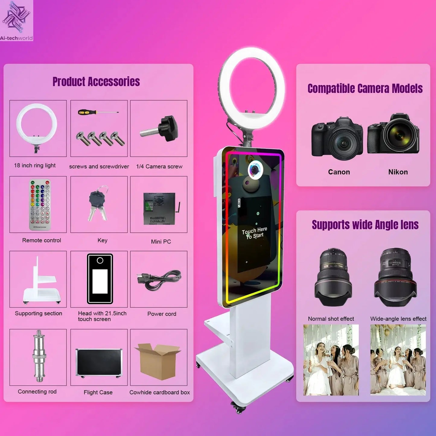 Magic Mirror Photobooth Machine LCD Touch Screen Wedding Party DSLR Selfie Photo Booth with Free Software Ai-TechWorld 