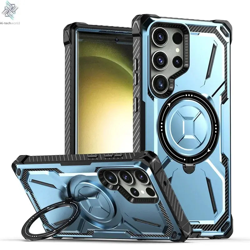 Magnetic Suction Mecha Metal Stand Phone Case For Samsung Galaxy S21 S22 S23 S24 Ultra Plus Anti Drop And Dustproof Back Cover Ai-TechWorld 