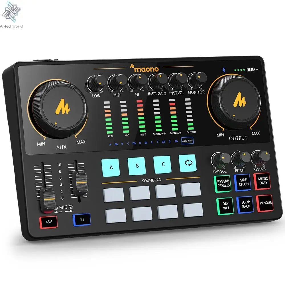 Maono AME2 Audio Interface Sound Card DJ Mixer All in One Portable Podcast Studio for Recording,Live Streaming,Youtube,Guitar,PC Ai-TechWorld 