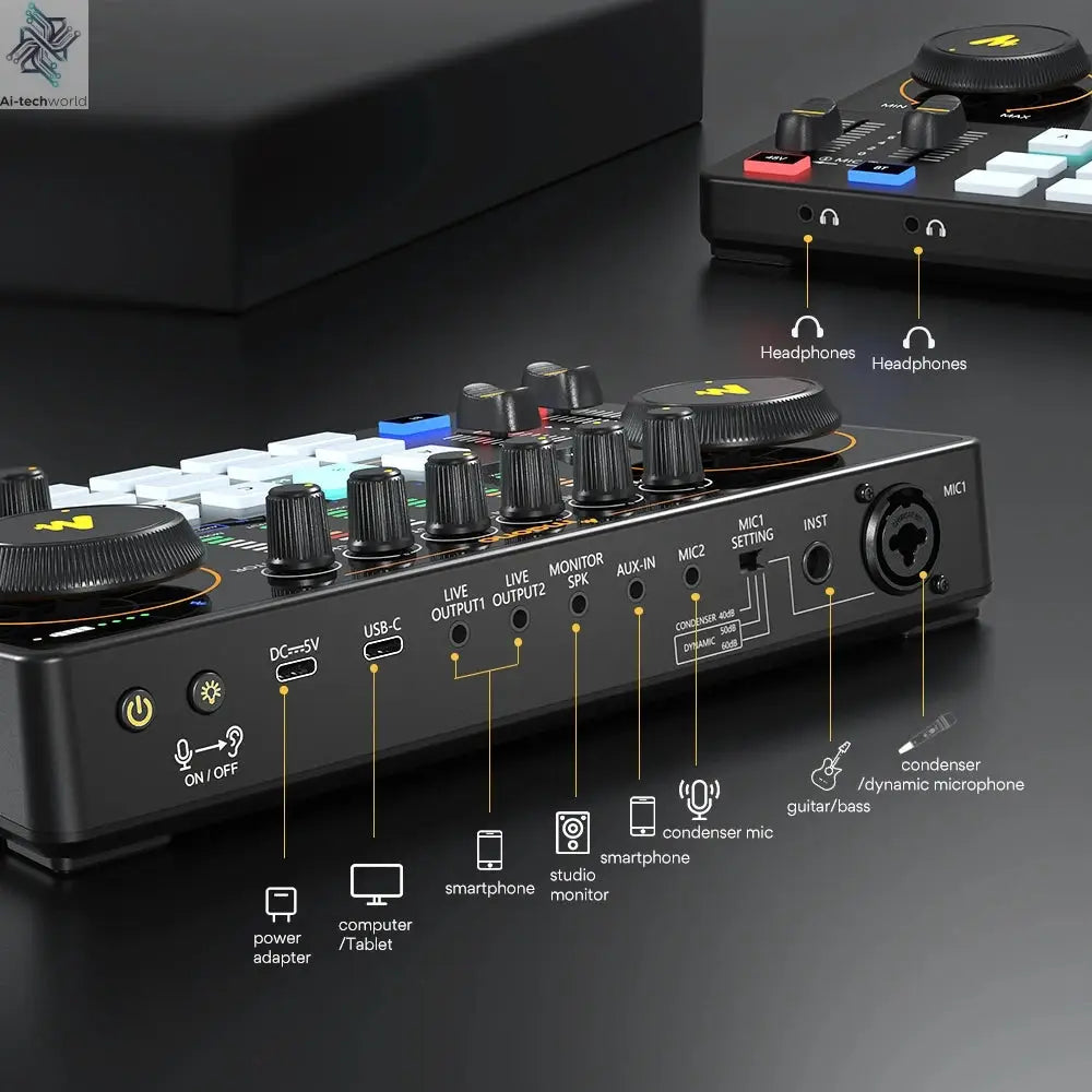 Maono AME2 Audio Interface Sound Card DJ Mixer All in One Portable Podcast Studio for Recording,Live Streaming,Youtube,Guitar,PC Ai-TechWorld 