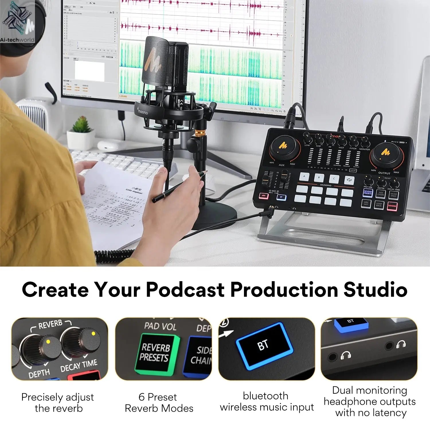 Maono AME2 Audio Interface Sound Card DJ Mixer All in One Portable Podcast Studio for Recording,Live Streaming,Youtube,Guitar,PC Ai-TechWorld 
