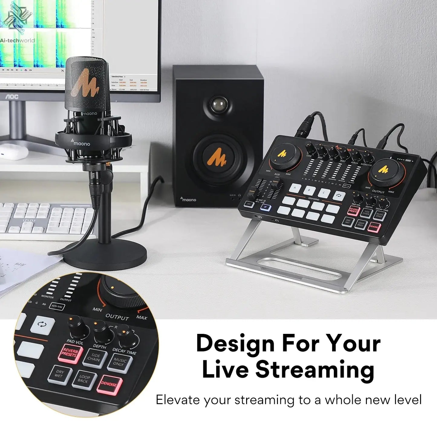 Maono AME2 Audio Interface Sound Card DJ Mixer All in One Portable Podcast Studio for Recording,Live Streaming,Youtube,Guitar,PC Ai-TechWorld 