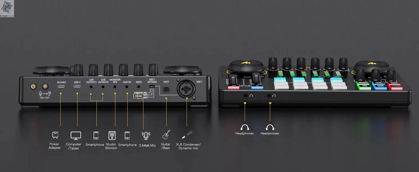 Maono AME2 Audio Interface Sound Card DJ Mixer All in One Portable Podcast Studio for Recording,Live Streaming,Youtube,Guitar,PC Ai-TechWorld 