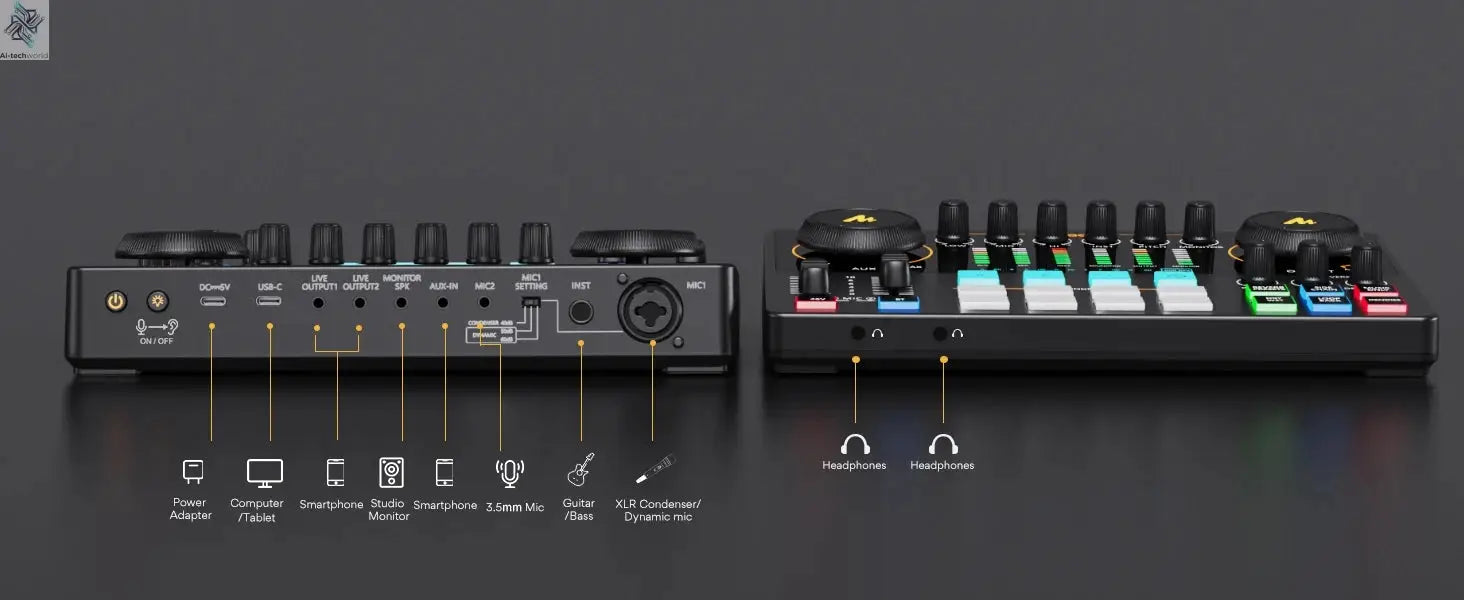 Maono AME2 Audio Interface Sound Card DJ Mixer All in One Portable Podcast Studio for Recording,Live Streaming,Youtube,Guitar,PC Ai-TechWorld 