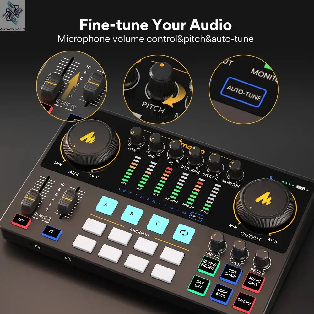 Maono AME2 Audio Interface Sound Card DJ Mixer All in One Portable Podcast Studio for Recording,Live Streaming,Youtube,Guitar,PC Ai-TechWorld 