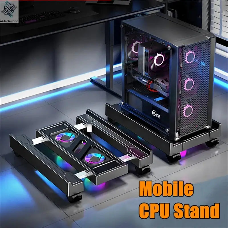 Mobile PC Tower Stand Adjustable Computer CPU Holder Telescopic Desktop Stand CPU Cart with RGB Cooling Fan Heat Dissipation Ai-TechWorld 