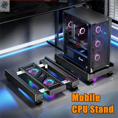 Mobile PC Tower Stand Adjustable Computer CPU Holder Telescopic Desktop Stand CPU Cart with RGB Cooling Fan Heat Dissipation Ai-TechWorld 