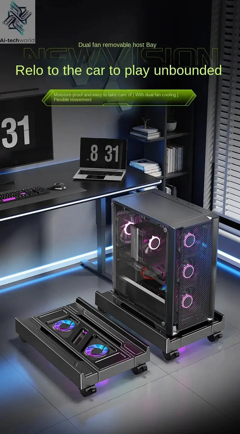 Mobile PC Tower Stand Adjustable Computer CPU Holder Telescopic Desktop Stand CPU Cart with RGB Cooling Fan Heat Dissipation Ai-TechWorld 