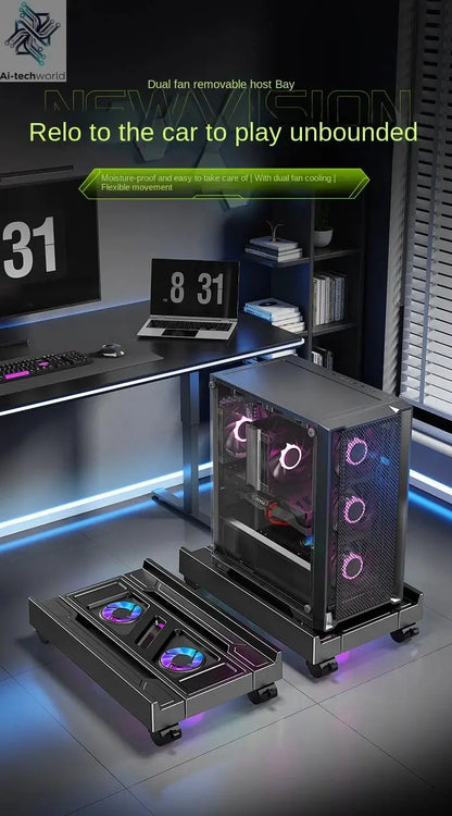 Mobile PC Tower Stand Adjustable Computer CPU Holder Telescopic Desktop Stand CPU Cart with RGB Cooling Fan Heat Dissipation Ai-TechWorld 