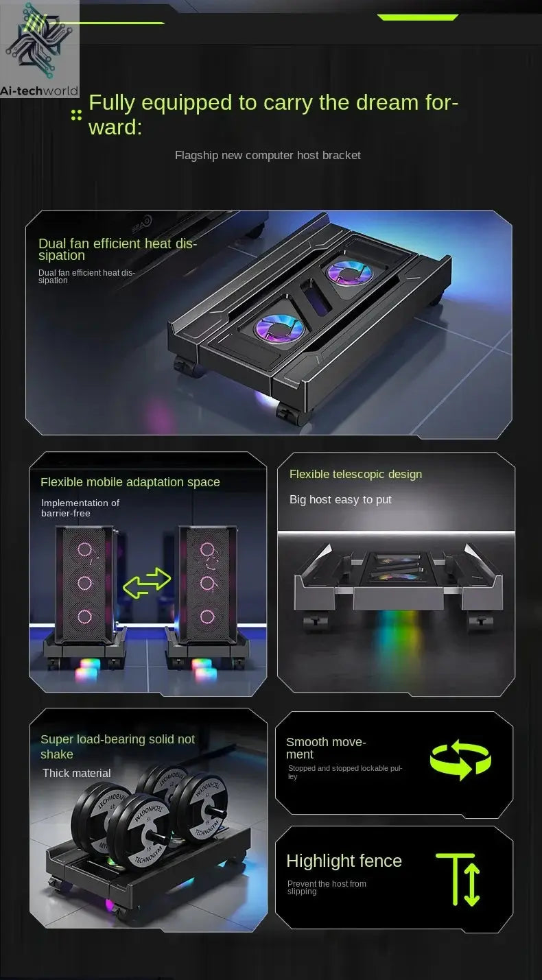 Mobile PC Tower Stand Adjustable Computer CPU Holder Telescopic Desktop Stand CPU Cart with RGB Cooling Fan Heat Dissipation Ai-TechWorld 