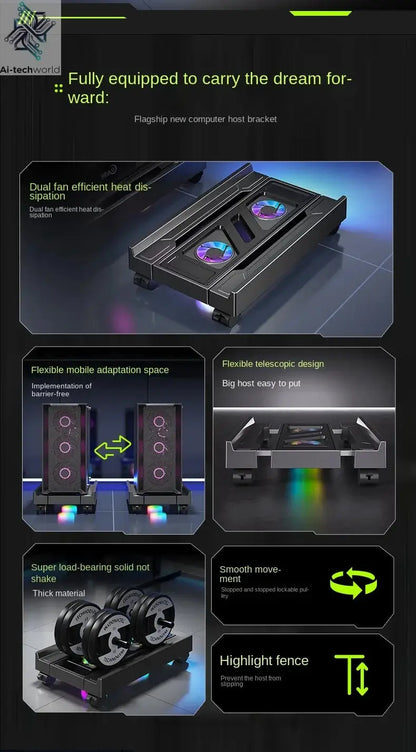 Mobile PC Tower Stand Adjustable Computer CPU Holder Telescopic Desktop Stand CPU Cart with RGB Cooling Fan Heat Dissipation Ai-TechWorld 