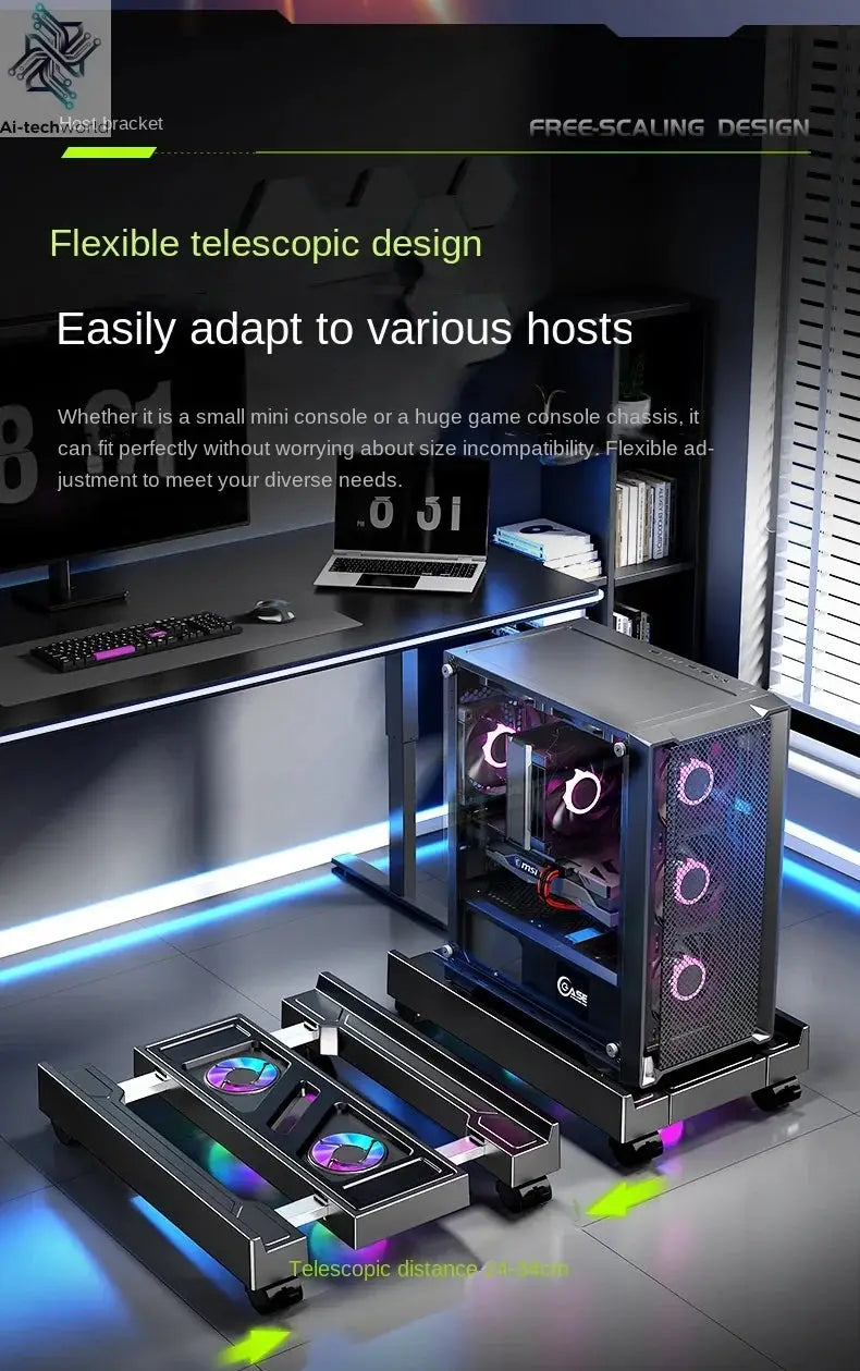 Mobile PC Tower Stand Adjustable Computer CPU Holder Telescopic Desktop Stand CPU Cart with RGB Cooling Fan Heat Dissipation Ai-TechWorld 