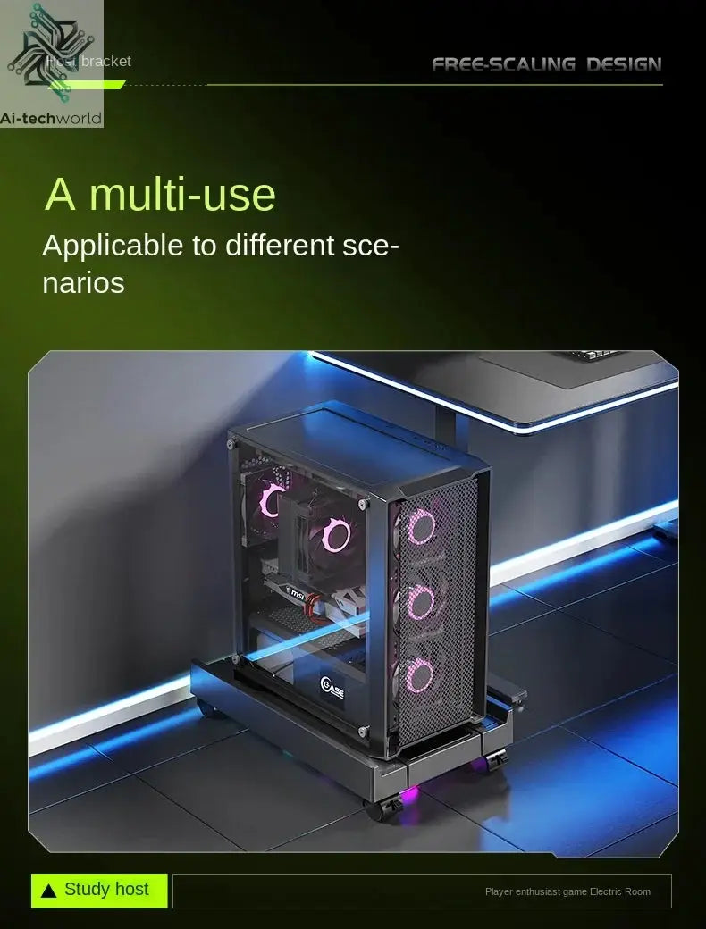Mobile PC Tower Stand Adjustable Computer CPU Holder Telescopic Desktop Stand CPU Cart with RGB Cooling Fan Heat Dissipation Ai-TechWorld 
