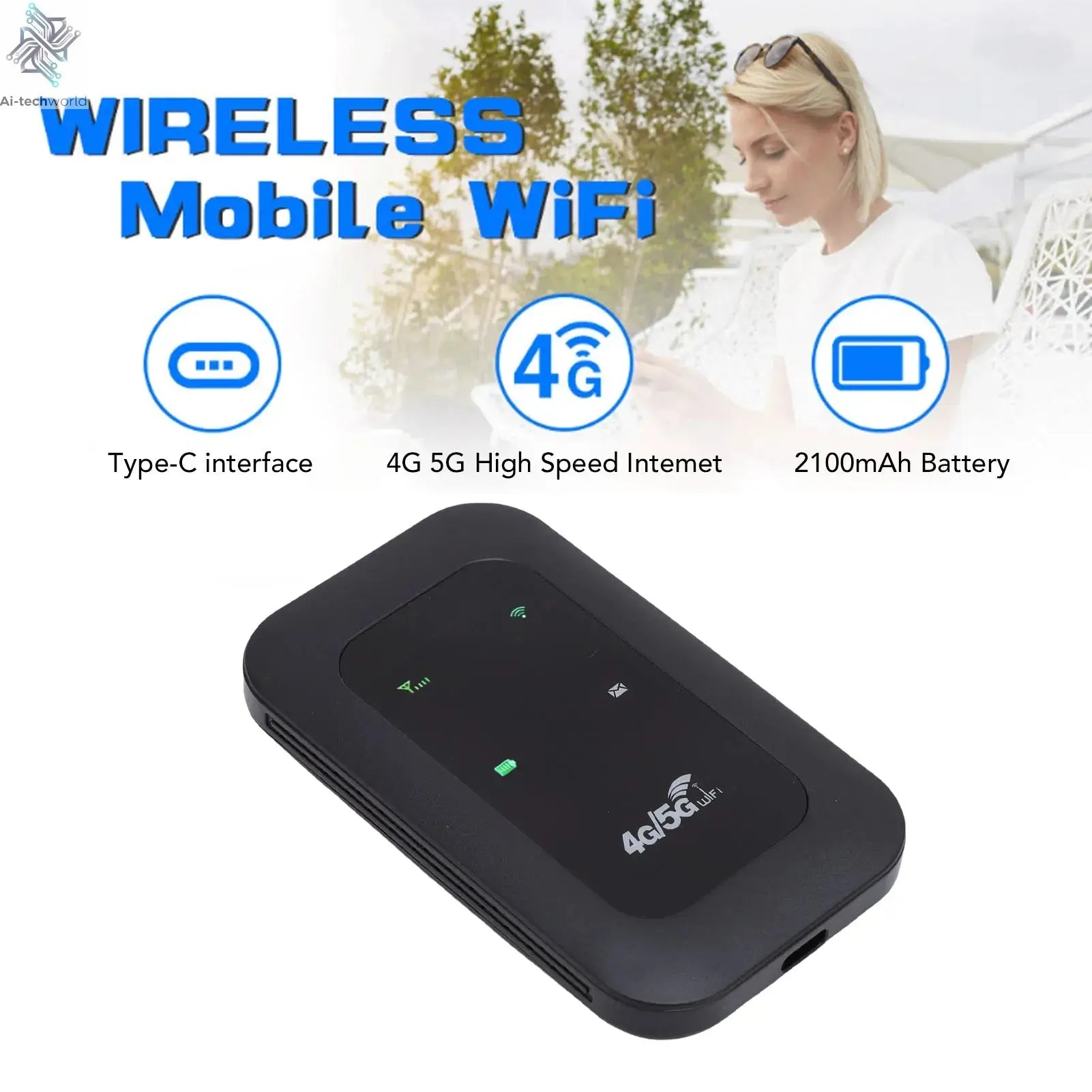 Mobile WiFi Router 2100mAh Battery Supports 10 Connected Devices 4G 5G WiFi Hotspot 300Mbps High Speed Portable for Business Ai-TechWorld 
