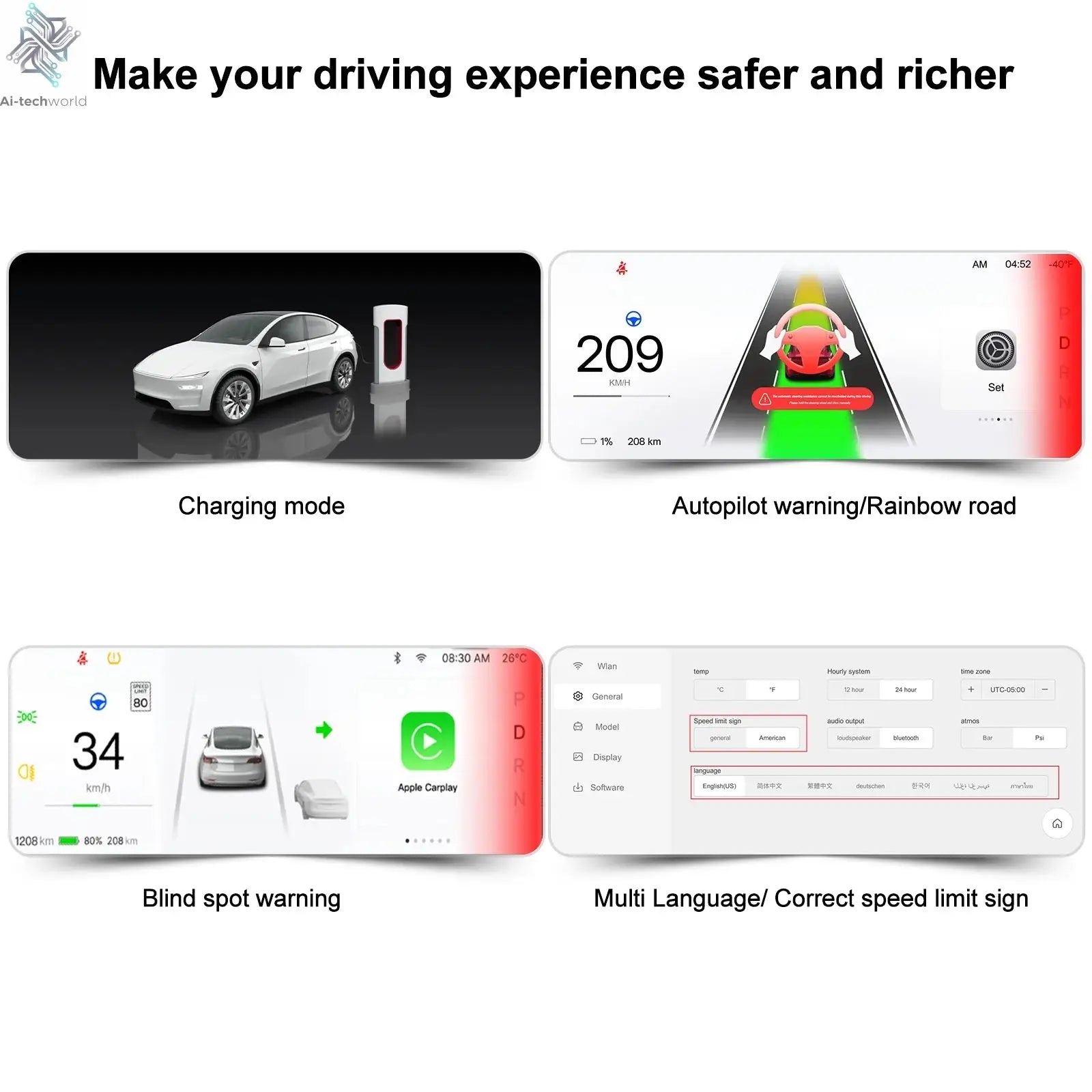 Model 3 Hud for Tesla Y Juniper Head Up Display Highland Instrument Cluster Air vent Dash Front Screen Camera Driver Monitor Ai-TechWorld 