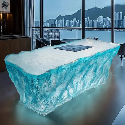 Modern light luxury home villa bar luminous island table custom transparent resin crystal bar glacier art tea table Ai-TechWorld 