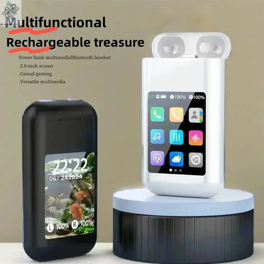Multiple Function In Ear Bluetooth Wireless Earphone Charging Case With 2.8" Touch Screen Power Bank Headphone Music Game Ai-TechWorld 