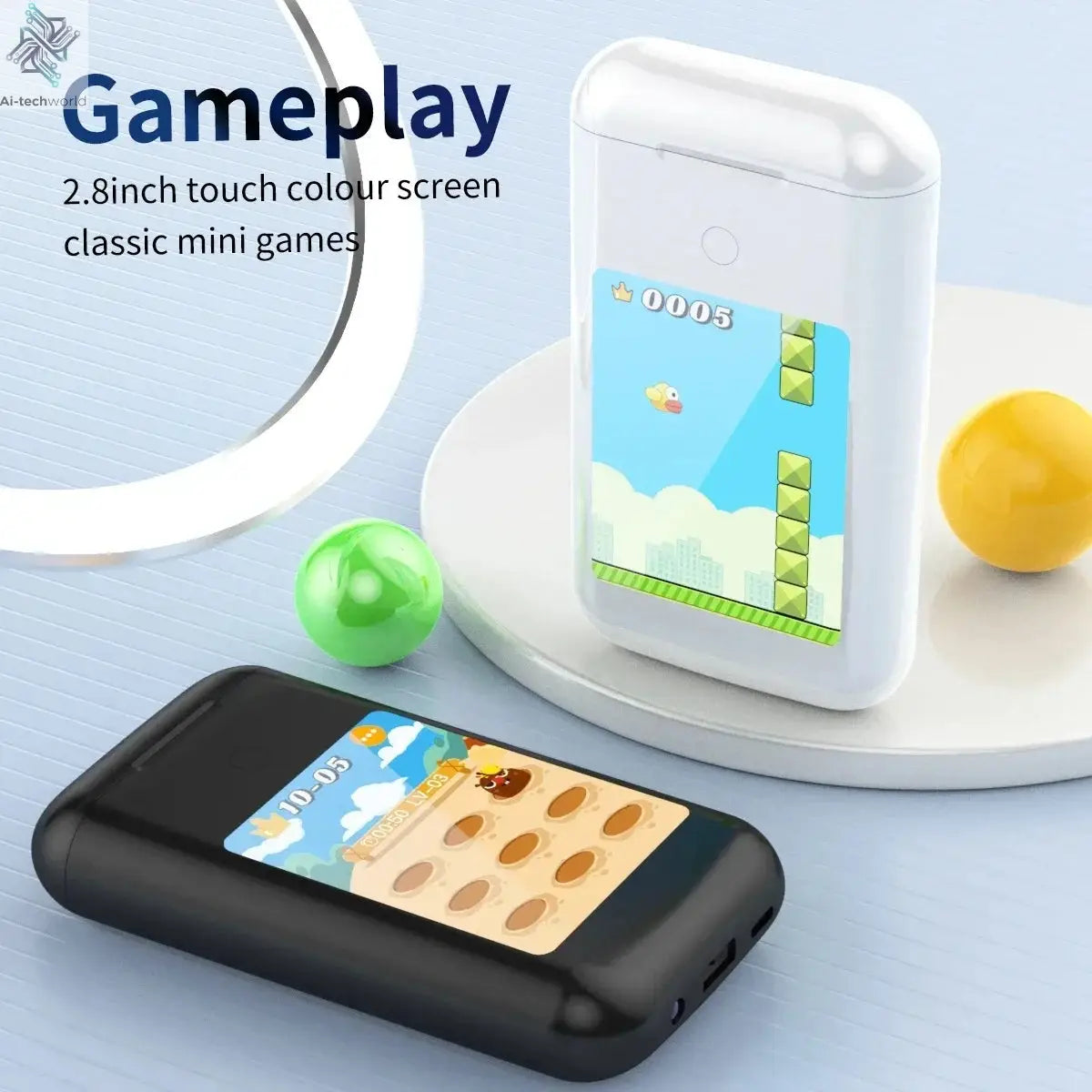 Multiple Function In Ear Bluetooth Wireless Earphone Charging Case With 2.8" Touch Screen Power Bank Headphone Music Game Ai-TechWorld 