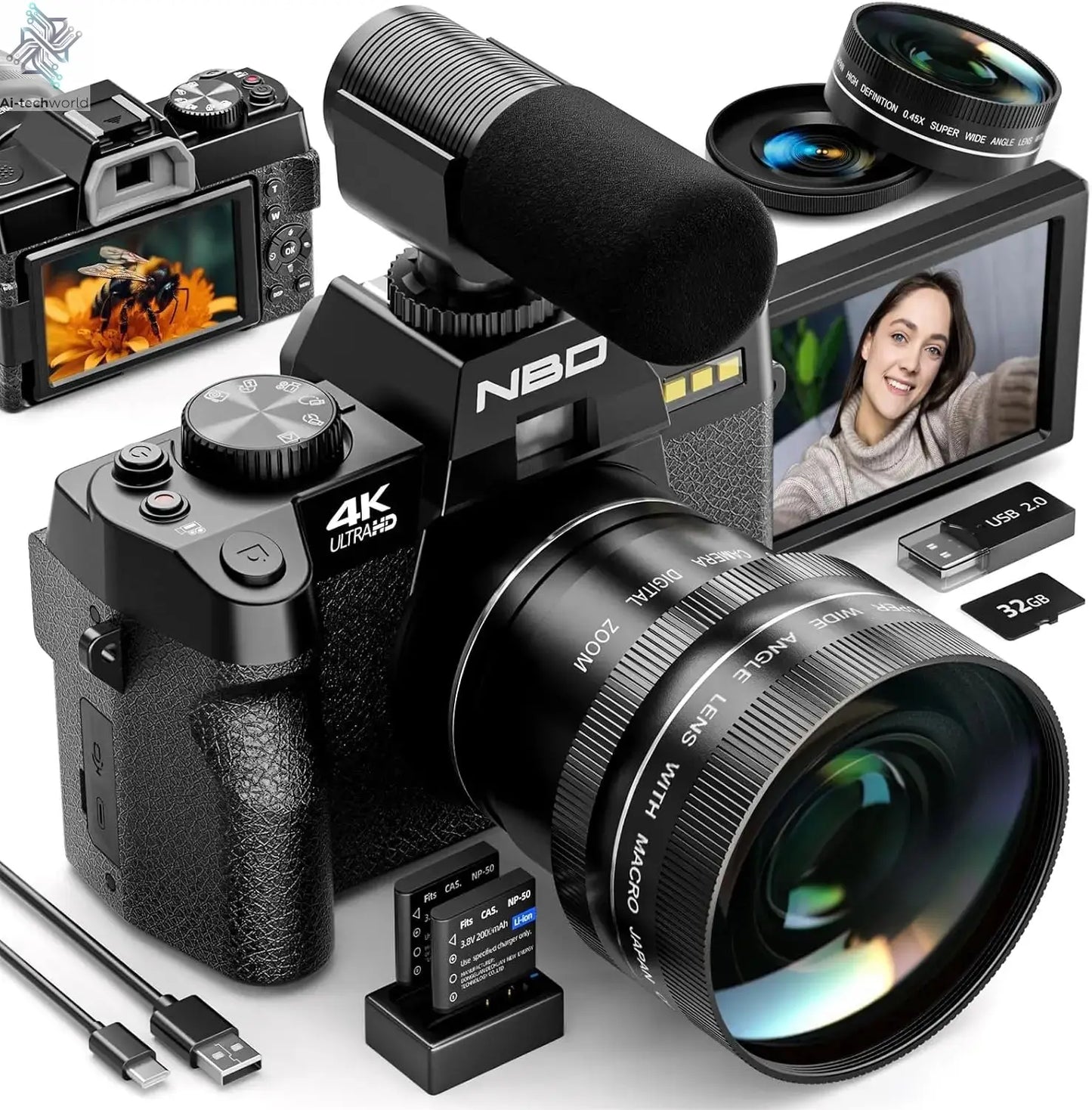 NBD 4K Digital Cameras for Photography,48MP Camera,Travel Vlogging Cameras with 16X Digital Zoom,180°Flip Screen,52mm Macro Lens Ai-TechWorld 