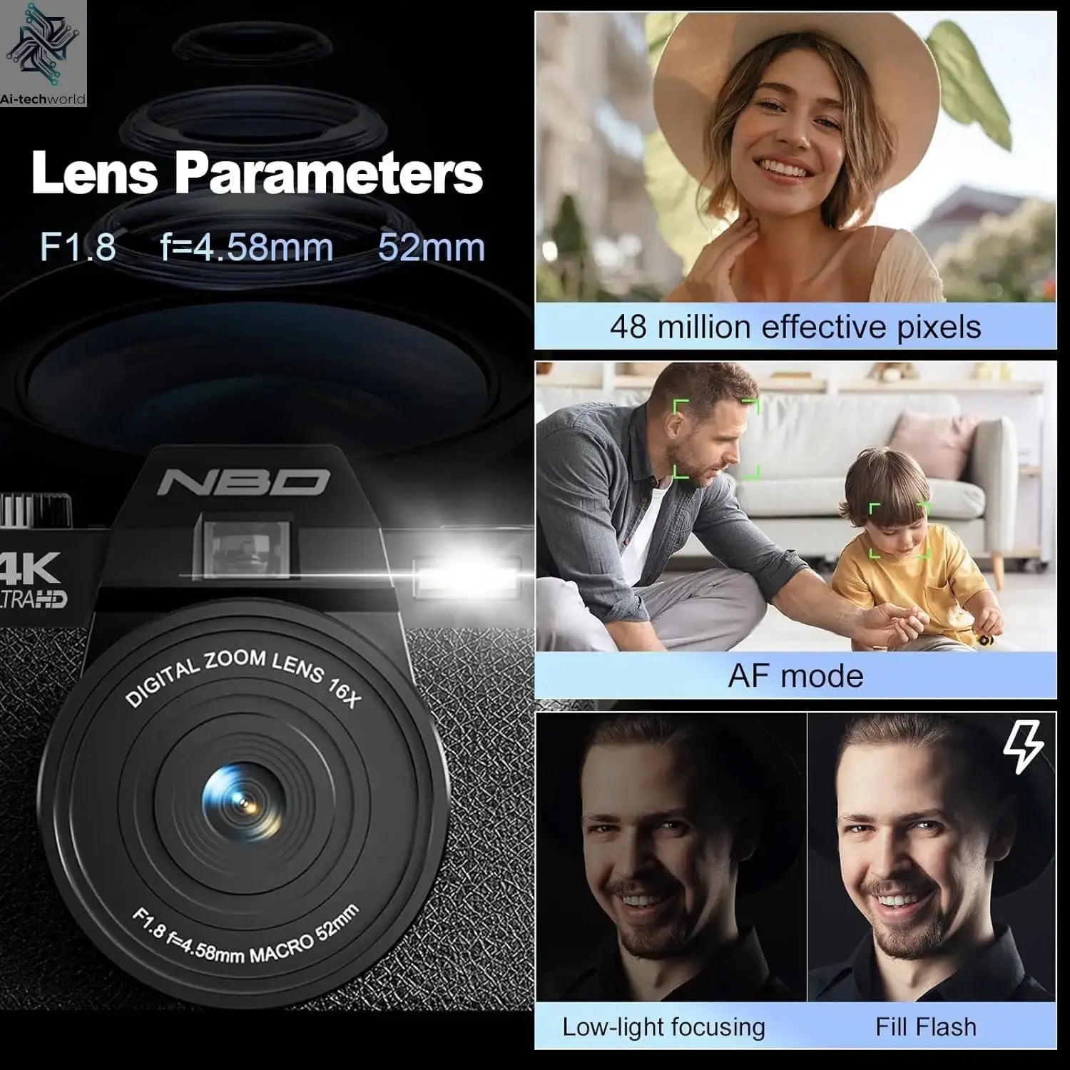 NBD 4K Digital Cameras for Photography,48MP Camera,Travel Vlogging Cameras with 16X Digital Zoom,180°Flip Screen,52mm Macro Lens Ai-TechWorld 