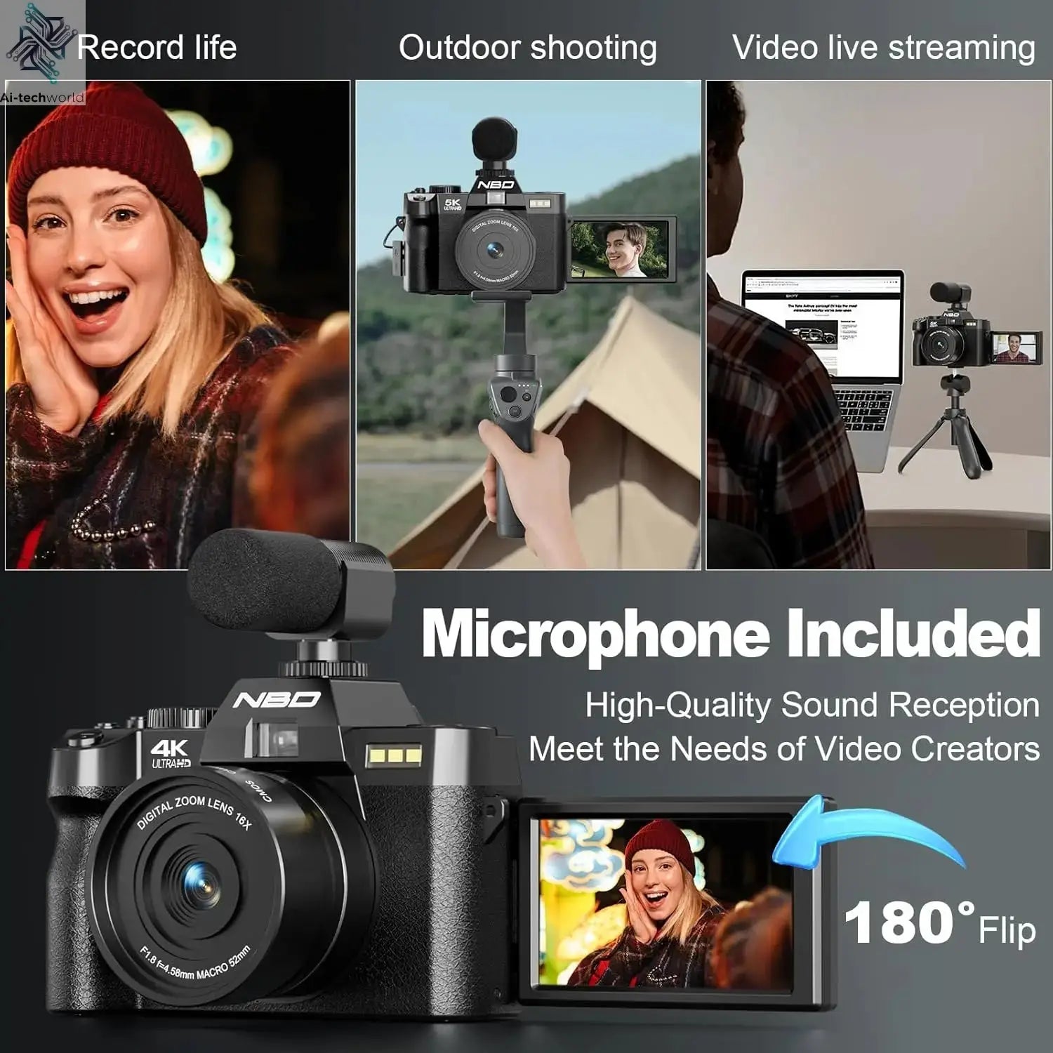 NBD 4K Digital Cameras for Photography,48MP Camera,Travel Vlogging Cameras with 16X Digital Zoom,180°Flip Screen,52mm Macro Lens Ai-TechWorld 