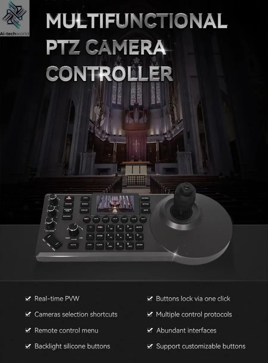 NDI PTZ Camera Joystick Controller POE 3" Preview LCD PTZ Controller Keyboard with 4D Joystick for Broadcast Church Live Streami - Ai - TechWorld
