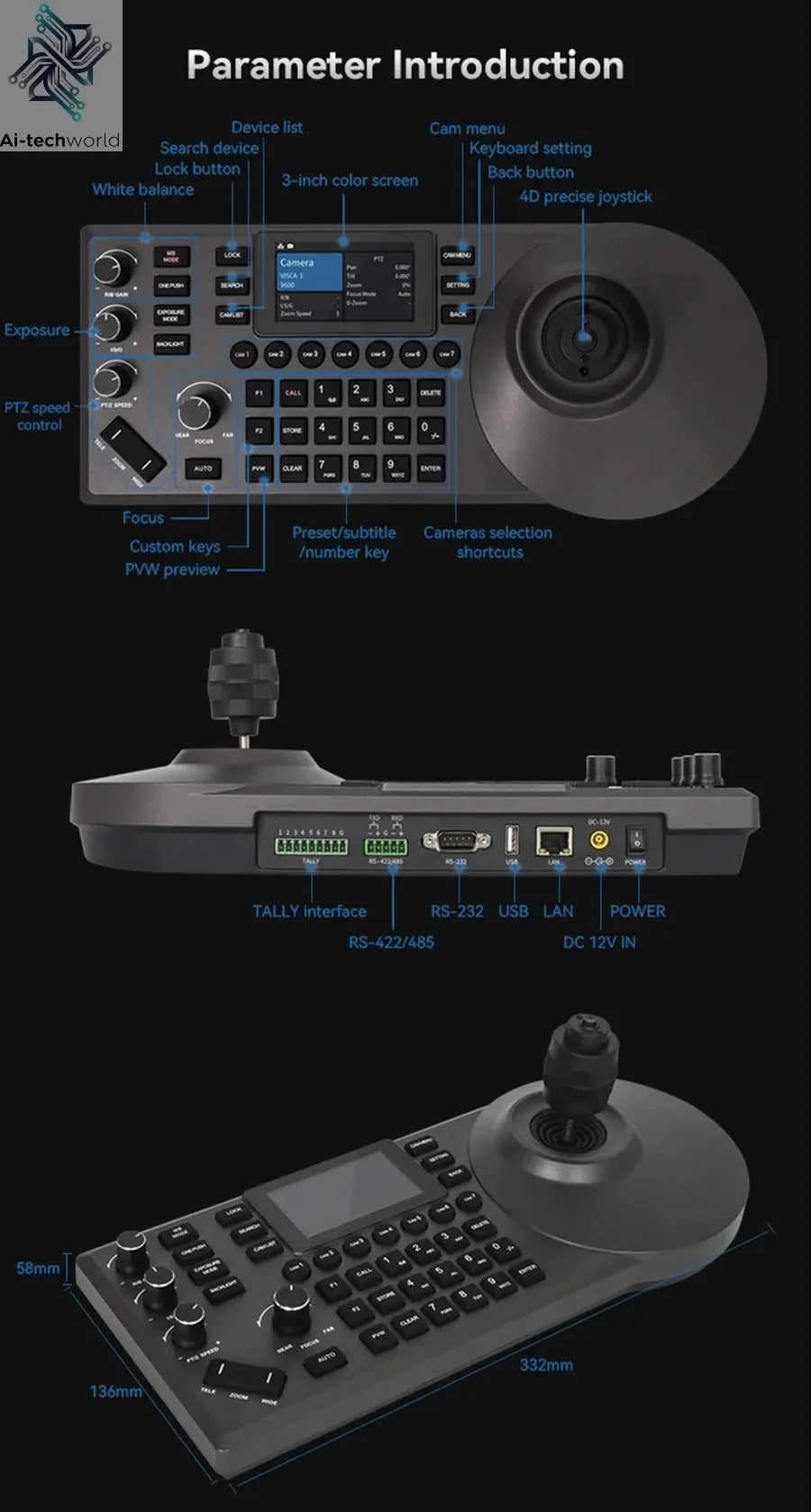 NDI PTZ Camera Joystick Controller POE 3" Preview LCD PTZ Controller Keyboard with 4D Joystick for Broadcast Church Live Streami - Ai - TechWorld