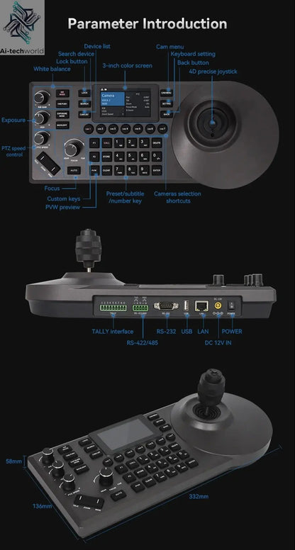 NDI PTZ Camera Joystick Controller POE 3" Preview LCD PTZ Controller Keyboard with 4D Joystick for Broadcast Church Live Streami - Ai - TechWorld