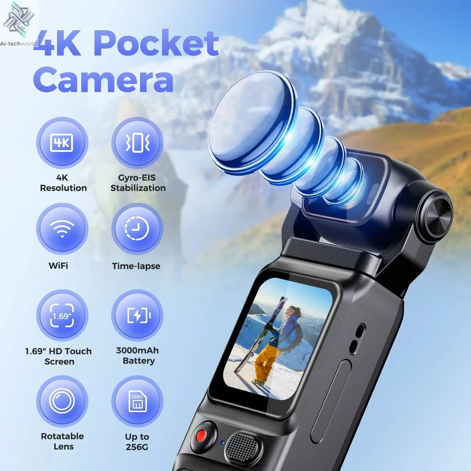 NEW 4K Touchscreen Pocket Camera WIFI Outdoor DV 180°Rotatable UHD Anti-shake Bodycam Sports Action Portable Security Recorder Ai-TechWorld 