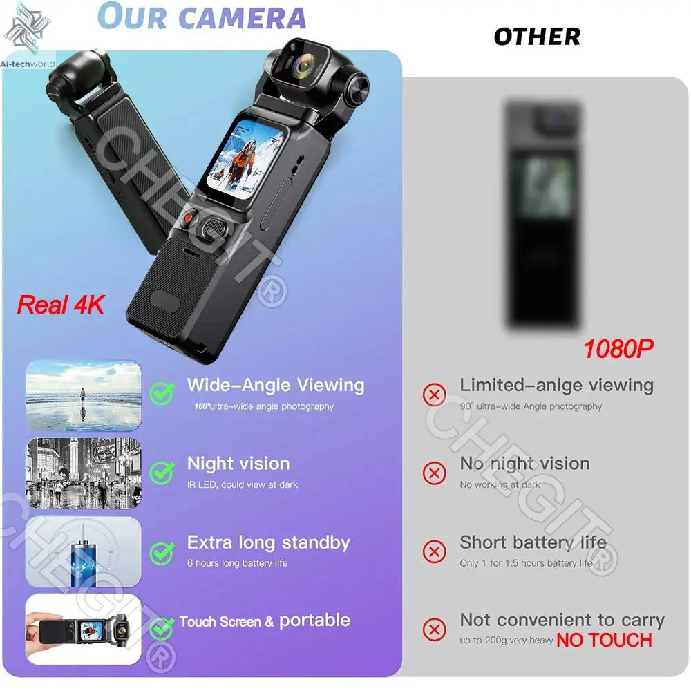 NEW 4K Touchscreen Pocket Camera WIFI Outdoor DV 180°Rotatable UHD Anti-shake Bodycam Sports Action Portable Security Recorder Ai-TechWorld 