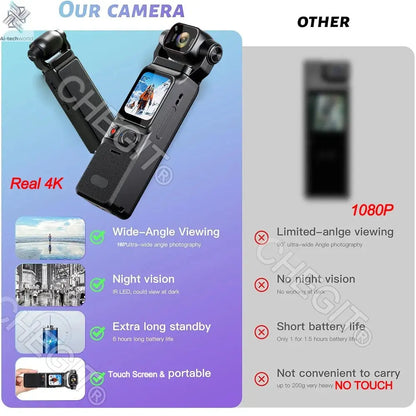 NEW 4K Touchscreen Pocket Camera WIFI Outdoor DV 180°Rotatable UHD Anti-shake Bodycam Sports Action Portable Security Recorder Ai-TechWorld 