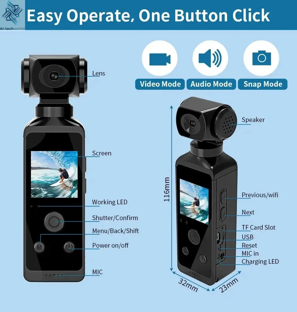 NEW 4K Touchscreen Pocket Camera WIFI Outdoor DV 180°Rotatable UHD Anti-shake Bodycam Sports Action Portable Security Recorder Ai-TechWorld 