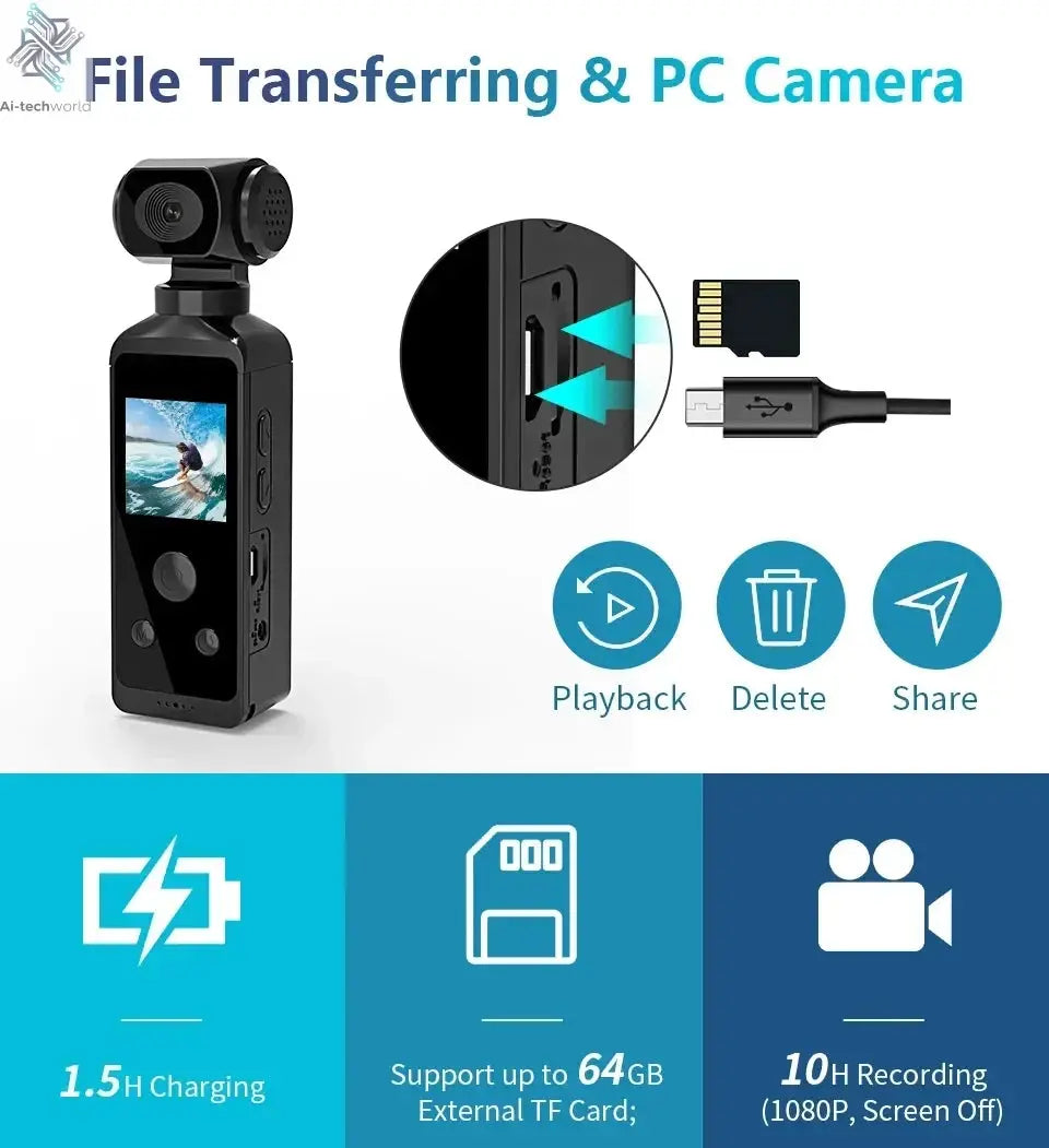NEW 4K Touchscreen Pocket Camera WIFI Outdoor DV 180°Rotatable UHD Anti-shake Bodycam Sports Action Portable Security Recorder Ai-TechWorld 