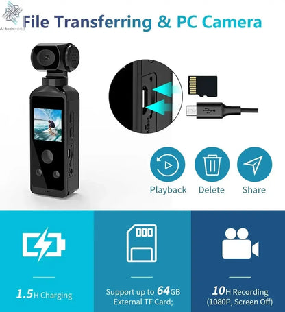 NEW 4K Touchscreen Pocket Camera WIFI Outdoor DV 180°Rotatable UHD Anti-shake Bodycam Sports Action Portable Security Recorder Ai-TechWorld 